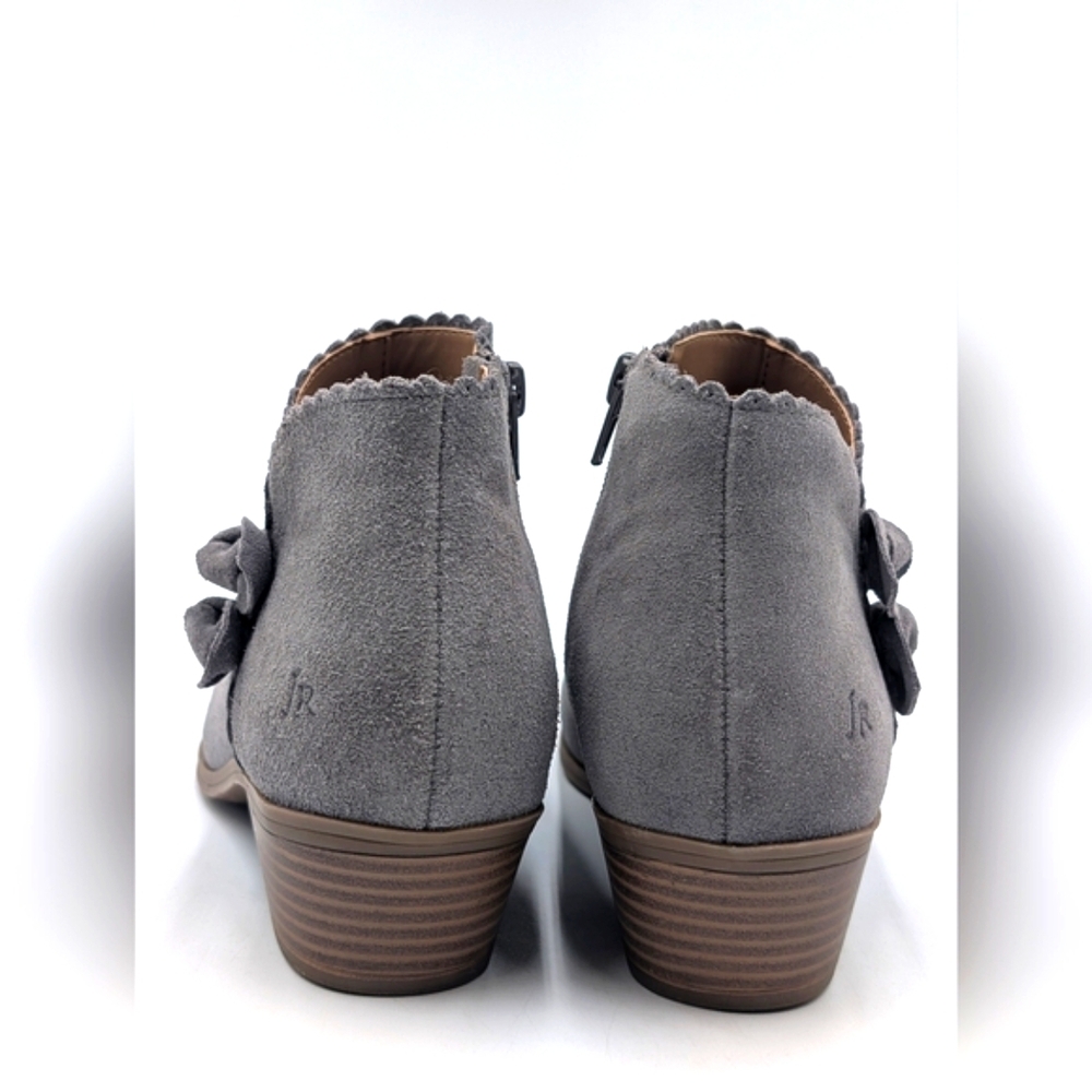 Jack Rogers Kali Grey Suede Ankle Bootie Sz US 7.5M/EU 38 Scalloped Trim withBow - Picture 12 of 17